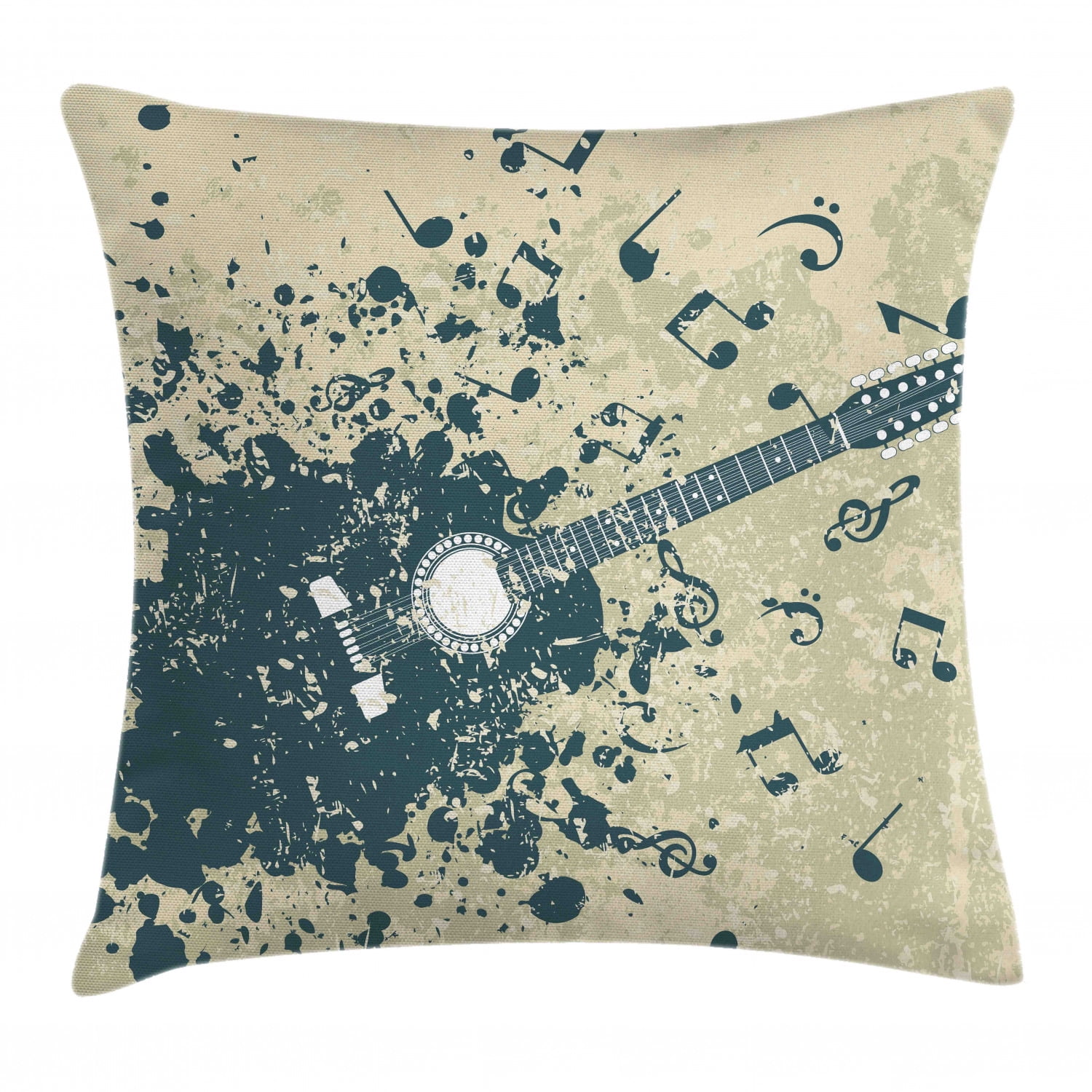 Beige and Dark Blue Guitar Print Polyester Throw Pillow