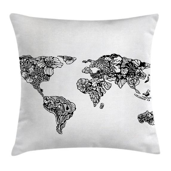 Modern Throw Pillow Cushion Cover, Artistic Sketch Style World Map with Floral Charm Purity on Earth Themed Print, Decorative Square Accent Pillow Case, 20 X 20 Inches, Black White, by Ambesonne