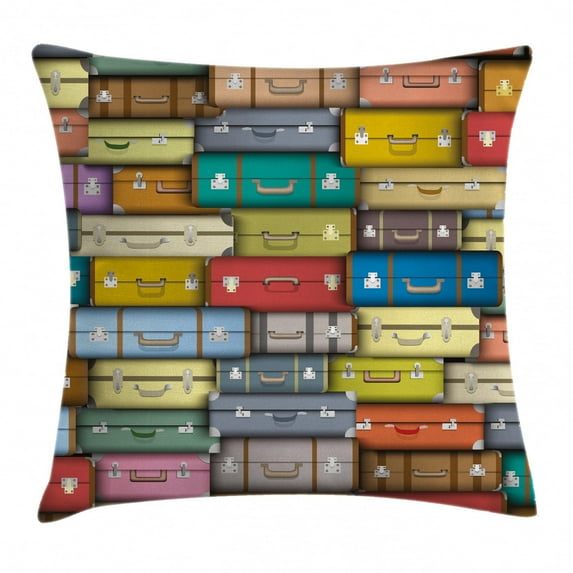 Modern Throw Pillow Cushion Cover, Colorful Suitcases Background Vintage Travel Voyage Holiday Themed Artful Design, Decorative Square Accent Pillow Case, 20 X 20 Inches, Multicolor, by Ambesonne