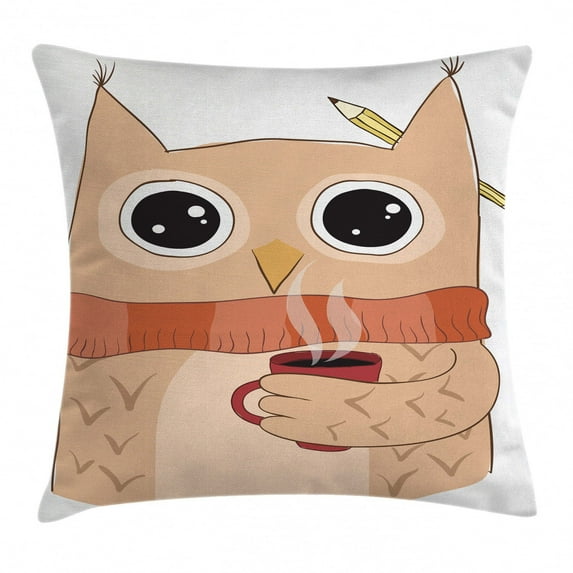 Modern Throw Pillow Cushion Cover, Cute Owl with A Cup of Coffee and Scarf Student Midterms Humor Illustration, Decorative Square Accent Pillow Case, 16 X 16 Inches, Cinnamon Sand Brown, by Ambesonne