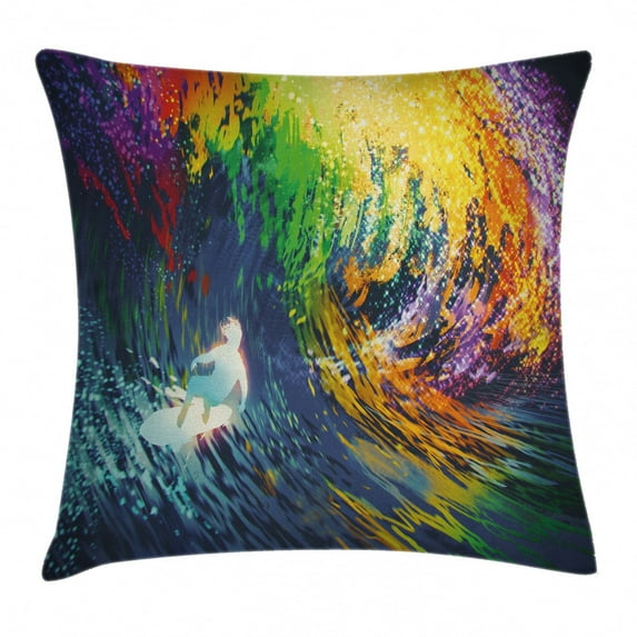 Modern Throw Pillow Cushion Cover, Exotic Surfer in the Ocean Waves with Digital Featured Effects Sports Hobby Graphic, Decorative Square Accent Pillow Case, 24 X 24 Inches, Multicolor, by Ambesonne