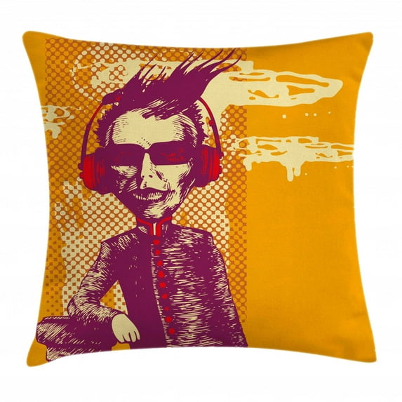Modern Throw Pillow Cushion Cover, Grotesque Man in Headphones Listening Music Culture Grunge Illustration, Decorative Square Accent Pillow Case, 18 X 18 Inches, Apricot Maroon Red, by Ambesonne