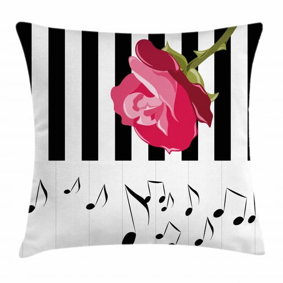 Modern Throw Pillow Cushion Cover, Hand Drawn Red Rose on Piano with Musical Notes Romantic Instrumental Art, Decorative Square Accent Pillow Case, 18 X 18 Inches, Scarlet Black White, by Ambesonne