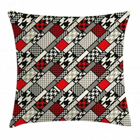 Modern Throw Pillow Cushion Cover, Minimalist Stylized Kitsch Abstract Pattern with Retro Fashion Geometric Effect, Decorative Square Accent Pillow Case, 18 X 18 Inches, White Black Red, by Ambesonne