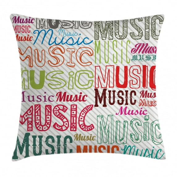 Modern Throw Pillow Cushion Cover, Music Typography in Various Styles Rhythm Acoustic Harmony Melody Funky Illustration, Decorative Square Accent Pillow Case, 18 X 18 Inches, Multicolor, by Ambesonne