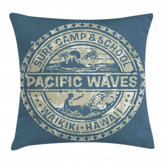 Modern Throw Pillow Cushion Cover, Pacific Waves Surf Camp and School Hawaii Logo Motif with Artsy Effects Design, Decorative Square Accent Pillow Case, 18 X 18 Inches, Khaki Slate Blue, by Ambesonne