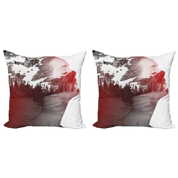 Ambesonne Modern Throw Pillow Cover 2 Pack, Woman Mountain Portrait, 20", Dimgrey Ruby White
