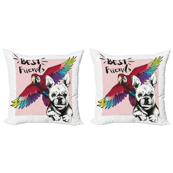 Ambesonne Modern Throw Pillow Cover 2 Pack, Bulldog Parrot Friends, 16", Multicolor