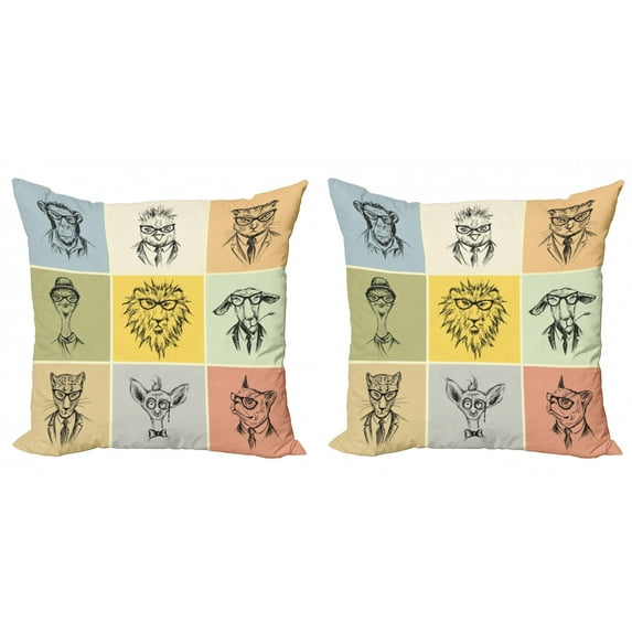 Ambesonne Animal Throw Pillow Cover 2 Pack, Hipster Monkey Camel Cat, 20", Multicolor