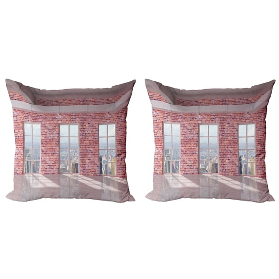 Ambesonne Urban Throw Pillow Cover 2 Pack, Red Brick Wall Loft City, 16", Multicolor