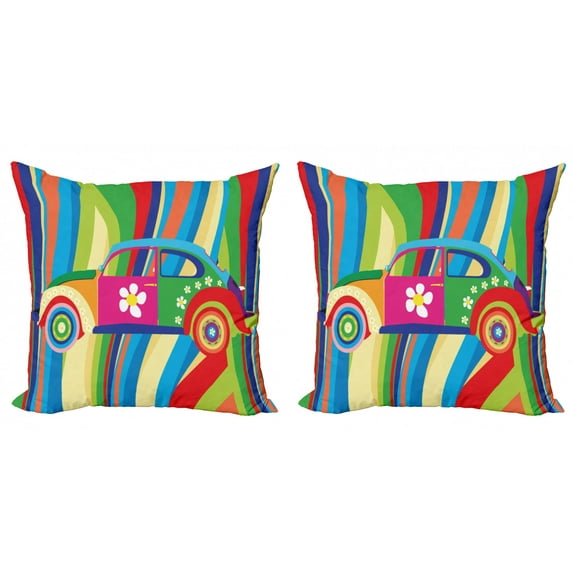 Modern Throw Pillow Cushion Cover Pack of 2, Retro Vector Hippie Style Classic Car with Daisy and Bold Stripes Artwork Print, Zippered Double-Side Digital Print, 4 Sizes, Multicolor, by Ambesonne