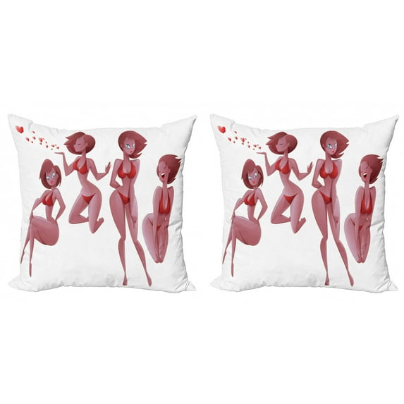 Ambesonne Modern Throw Pillow Cover 2 Pack, Woman in Swimwear Graphic, 20", Pale Pink Ruby and Red