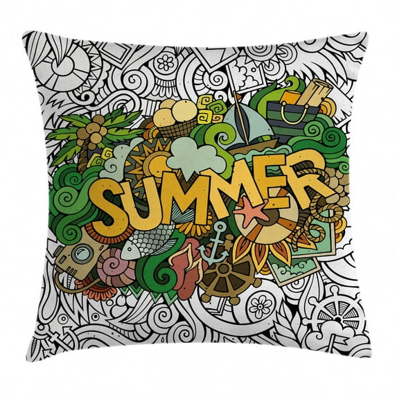 Modern Throw Pillow Cushion Cover, Summer Typography over Tropical Sun Objects Fishes Anchor Marine Sea Boat Graphic, Decorative Square Accent Pillow Case, 24 X 24 Inches, Multicolor, by Ambesonne