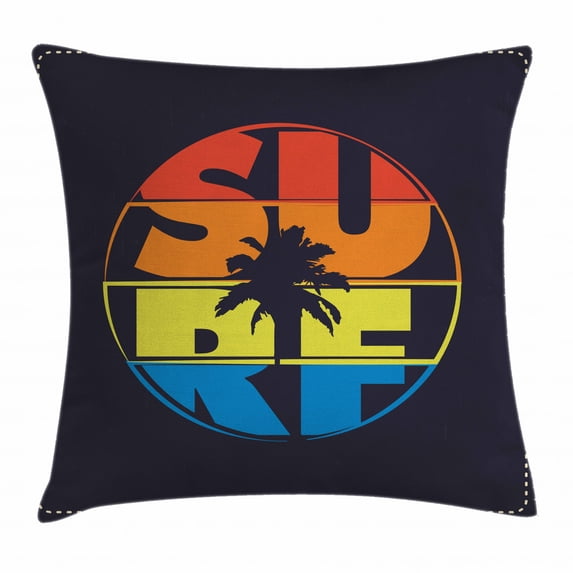 Modern Throw Pillow Cushion Cover, Surf Typography in Rainbow Colors Featured with Palm Tree Silhouette Illustration, Decorative Square Accent Pillow Case, 24 X 24 Inches, Multicolor, by Ambesonne