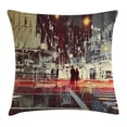 thumbnail image 1 of Modern Throw Pillow Cushion Cover, Urban City Streets at Gloomy Night with People Downtown Dramatic Illustration, Decorative Square Accent Pillow Case, 24 X 24 Inches, Red Blue Grey, by Ambesonne, 1 of 2