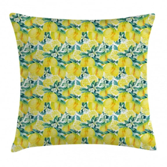 Modern Throw Pillow Cushion Cover, Watercolor Paintbrush Stylized Lemons with Murky Hazy Effects Artful Image, Decorative Square Accent Pillow Case, 20 X 20 Inches, Forest Green Yellow, by Ambesonne