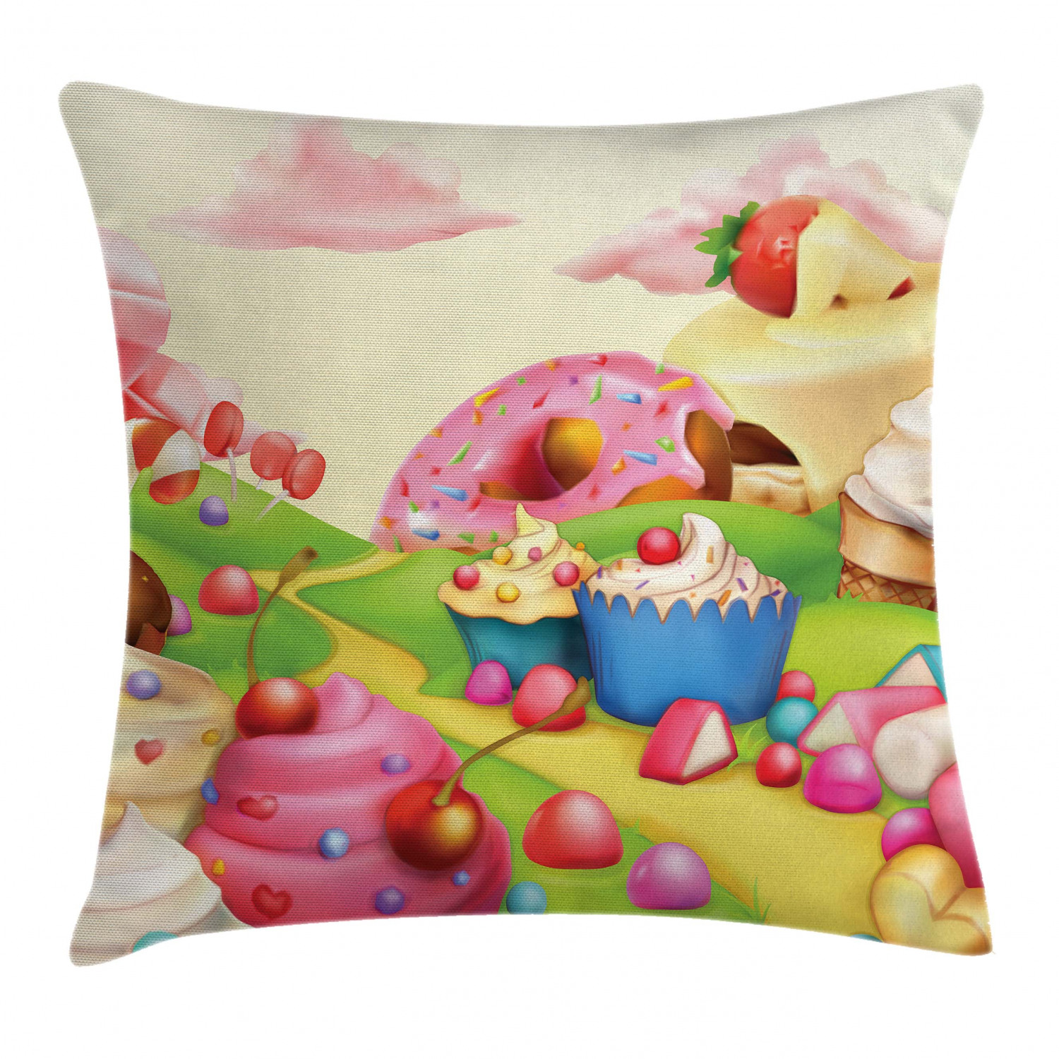 Modern Throw Pillow Cushion Cover, Yummy Donuts Sweet Land Cupcakes Ice Cream Cotton Candy Clouds Kids Nursery Design, Decorative Square Accent Pillow Case, 24 X 24 Inches, Multicolor, by Ambesonne - image 1 of 2