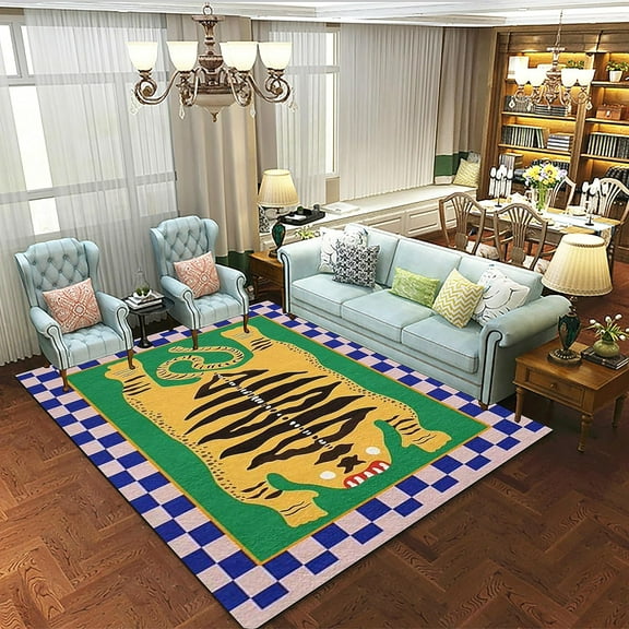 Modern Tiger Area Rug, Boho Cartoon Tiger with Pink Blue Plaid Background Carpet, Cute Animal Printed Washable Non-Slip Funky Mat for Kids Room Living Room, Bedroom Farmhouse Home Decor 2x3ft