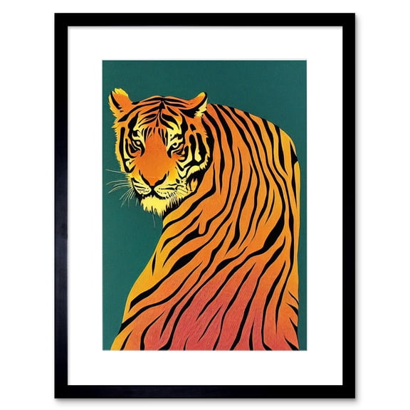 Modern Tiger Portrait on Teal Orange Bold Artwork Framed Wall Art Print 9X7 Inch