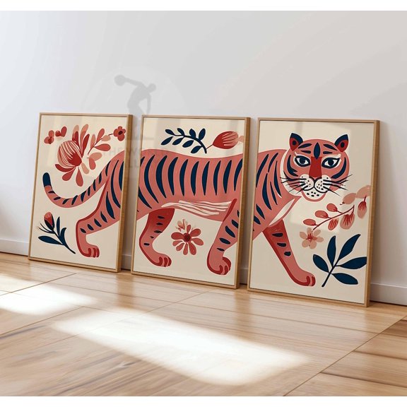 Modern Tiger Red Navy Jungle Theme Art, Poster Only
