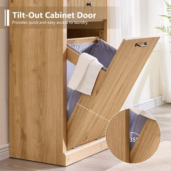 Modern Tilt-Out Laundry Hamper Cabinet, 10 Gallon Fluted Trash Can Cabinet with Drawer, Wooden Hidden Garbage Can Cabinets with Laundry Basket, Free Standing for Bathroom & Kitchen, Natural Oak