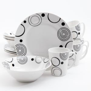Modern Times 12-Piece Black Geometric Design on White Decorated Dinnerware Set