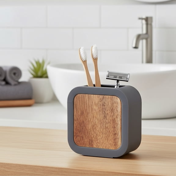 Modern Toothbrush Holder Gray Rubber and Acacia