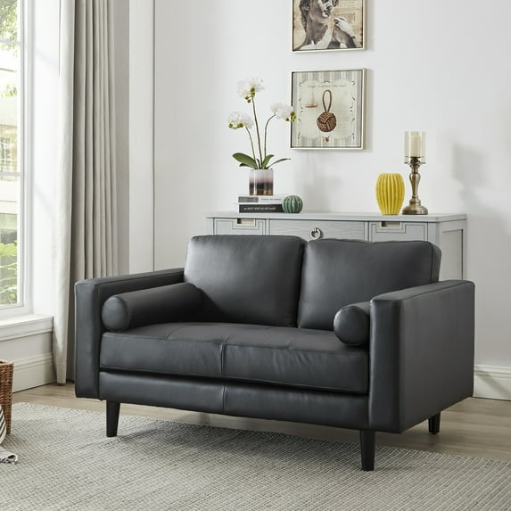 Modern Top Grain Leather Loveseat in Black, Loveseat Sofa Couch for Bedroom, Living Room Furniture, Space-Saving 2 Seater Couch for Living Room, Bedroom, Apartment, Small spaces, Black