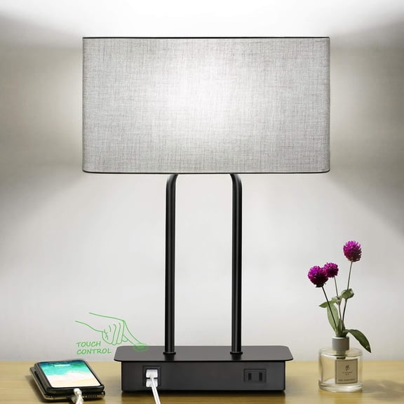 Modern Touch Control Table Lamp, 3-Way Dimmable Bedside Lamp with 2 USB Ports & AC Outlet, Fabric Shade Nightstand Lamp, Heavy Metal Base, E26 LED Bulb Included, Minimalist Decor for Bedroom Office D