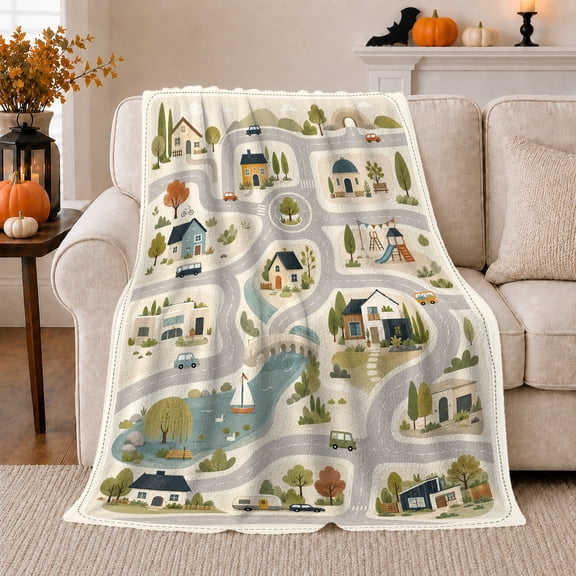Modern Town Road Map with Curved Streets Houses Cars Pond Sailboat Playground and Bridge, Playful Neighborhood Art Cozy Flannel Blanket for Playroom and Bedroom, Birthday Gift, Home Decor