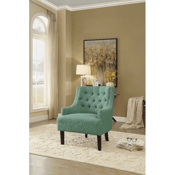 Modern Traditional 1pc Living Room Accent Chair - Solid Wood with Teal Textured Fabric and Button Tufting
