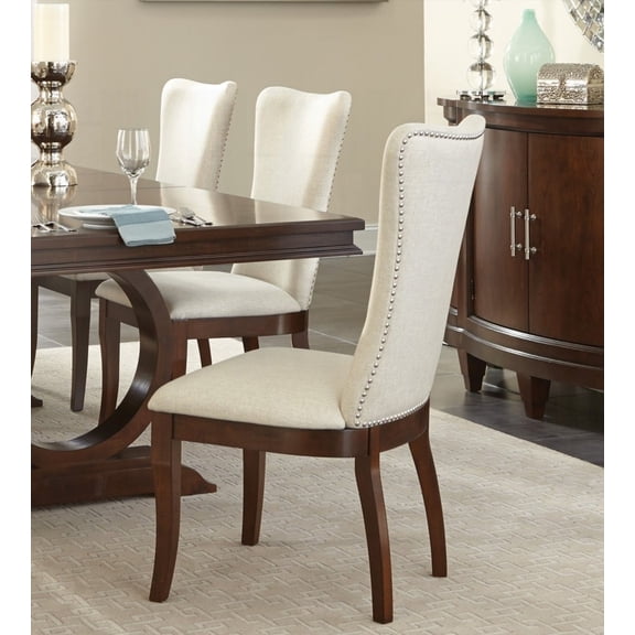 Modern Traditional 2-Piece Dining Chairs - Off-White Fabric Upholstery with Dark Cherry Finish