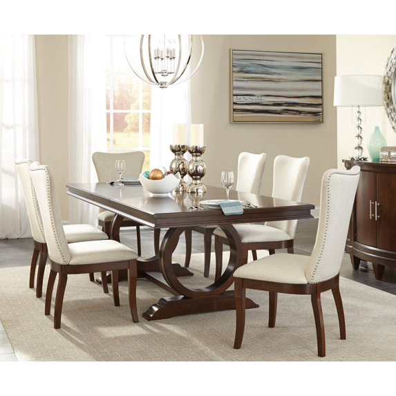 Modern Traditional 7pc Dining Set Extendable Table 6 Upholstered Chairs Set Cherry Finish Wooden Funriture Formal