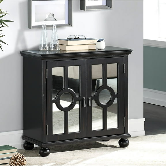 Modern Traditional Wooden Chest, Antique Black, Mirror Doors, For Bedroom Storage Accent Wood, Interior