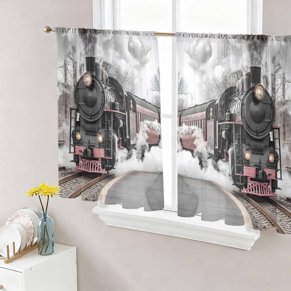 Modern Trains Sheer Curtains 54 Inch Length 2 Panels for Living Room, Abstract Vintage Classic Voile Kitchen Curtain Set, Luxury Privacy Drapes Window Treatment for Bedroom