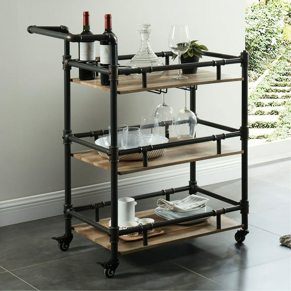 Modern Transitional 3 Serving Cart - Antique Black, Oak Natural Industrial Cart, Black Metal Framework