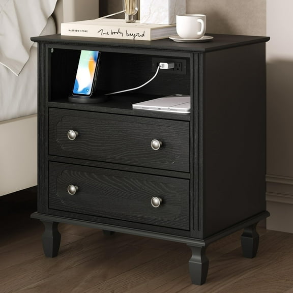 Modern Transitional Nightstand with USB Ports, Hidden Charging Station, Cable Hole, 2 Drawers & Open Shelf, 24" Matte Black Bedside Table for Bedroom or Living Room