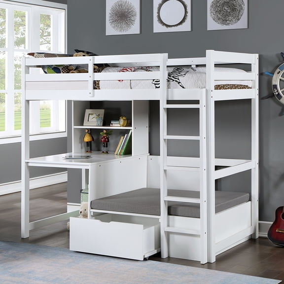 Modern Transitional Twin Over Workstation Loft Bed With Storage Box Attached Ladder Workstation And Bookcase, White