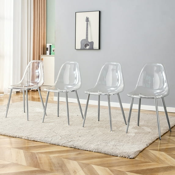 Modern Transparent Plastic Dining Chair with Plating Metal Leg, Armless Crystal Chair, Set of 4, 2 Available Color