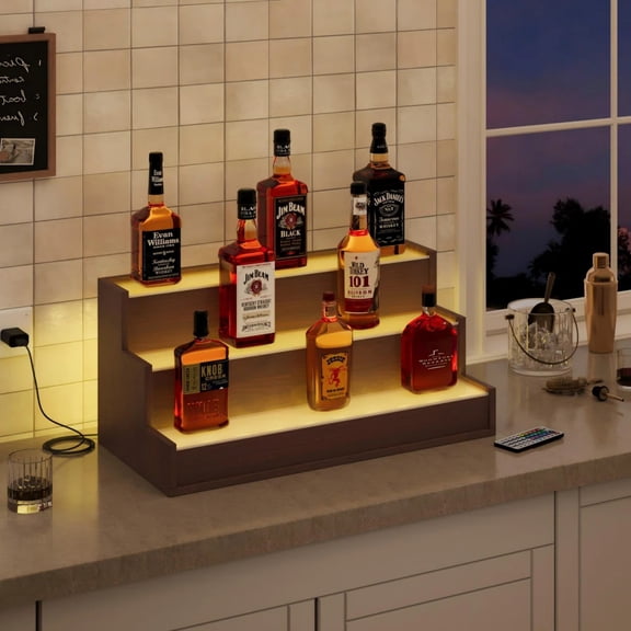 Modern Trapezoid Tabletop Display Shelf with LED Light, Tiered Countertop Rack for Home, Shop & Party, Gray/Brown