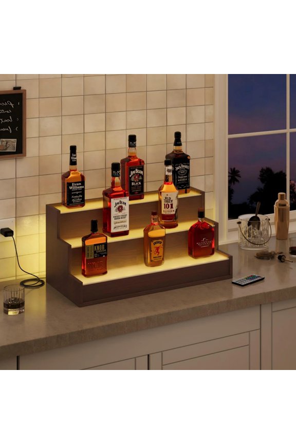 Modern Trapezoid Tabletop Display Shelf with LED Light, Tiered Countertop Rack for Home, Shop & Party, Gray/Brown