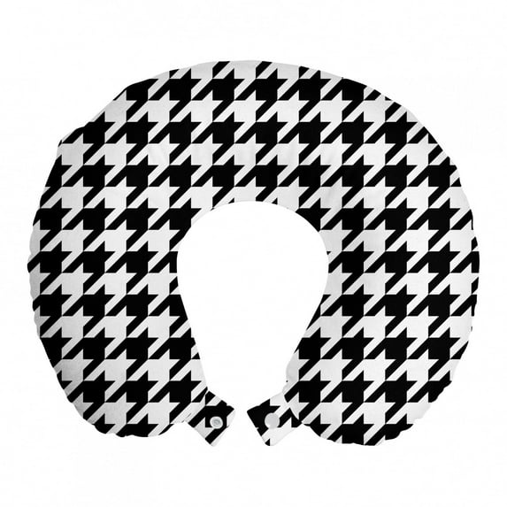 Modern Travel Pillow Neck Rest, Illustration of Bizarre Shapes Houndstooth Inspired Graphics, Memory Foam Traveling Accessory Airplane and Car, 12", Charcoal Grey and White, by Ambesonne
