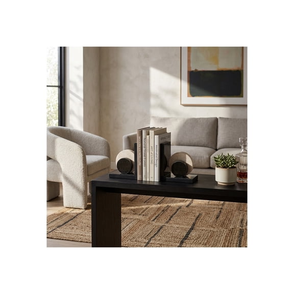 Modern Travertine Bookend with Orb for Bookshelf Decor - Decorative Book Accessories for Office Desk and Home Library - Sculptural Book Ends for Study Areas - Set of 2, 7", Black & Ivory