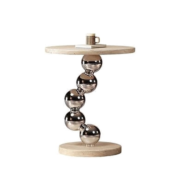 Modern Travertine Side Table, Natural Travertine Stone Top with Chrome Sphere Pedestal Base