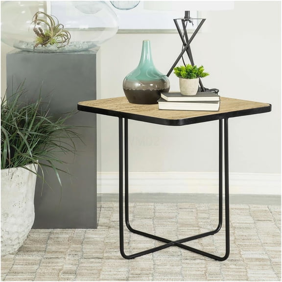 Modern Travertine Stone End Table with Black Metal Base, Square Accent Table for Living Room, Brown Side Table