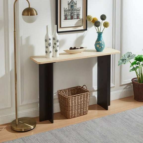 Modern Travertine Texture Console Table 46.8" Narrow Stone Entryway Or Sofa Table For Hallway & Living Room Decor