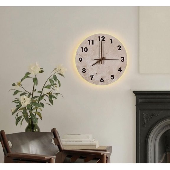 Modern Travertine Wall Clock, Silent Non-Ticking LED Backlit Natural Stone Home Decor, Minimalist Round Design with Walnut Pointers for Living Room, Bedroom, Kitchen, Office Hallway.