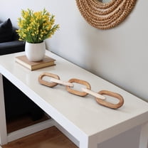 Modern Travertine and Wood Decorative Chain Link Sculpture Accent Decor Object for Casual Home Shelving or Tabletop Display, Handcrafted Natural Material Statement Art Piece