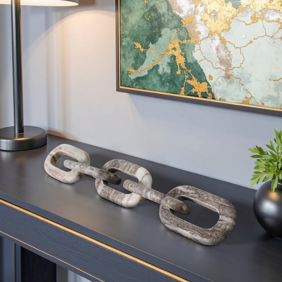 Modern Travertine and Wood Decorative Chain Link Sculpture Accent Decor Object for Casual Home Shelving or Tabletop Display, Handcrafted Natural Material Statement Art Piece