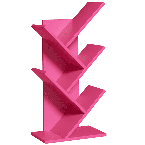 Modern Tree Bookshelf, 5 Tier Wooden Zigzag Bookcase Vertical Storage Shelf for Books & Décor, Pink